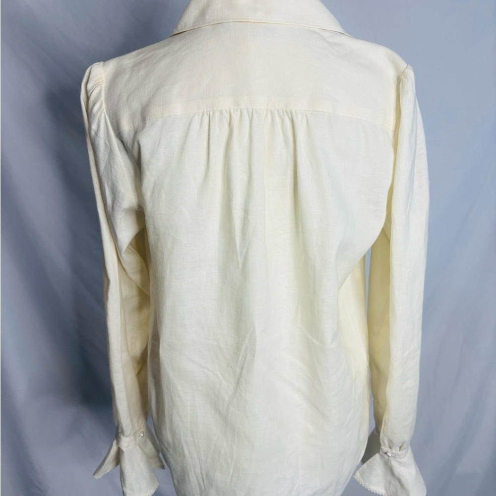 Lauren Ralph Lauren 100% Linen Ruffle Front Pearl Button up Blouse Size tag - Picture 8 of 10